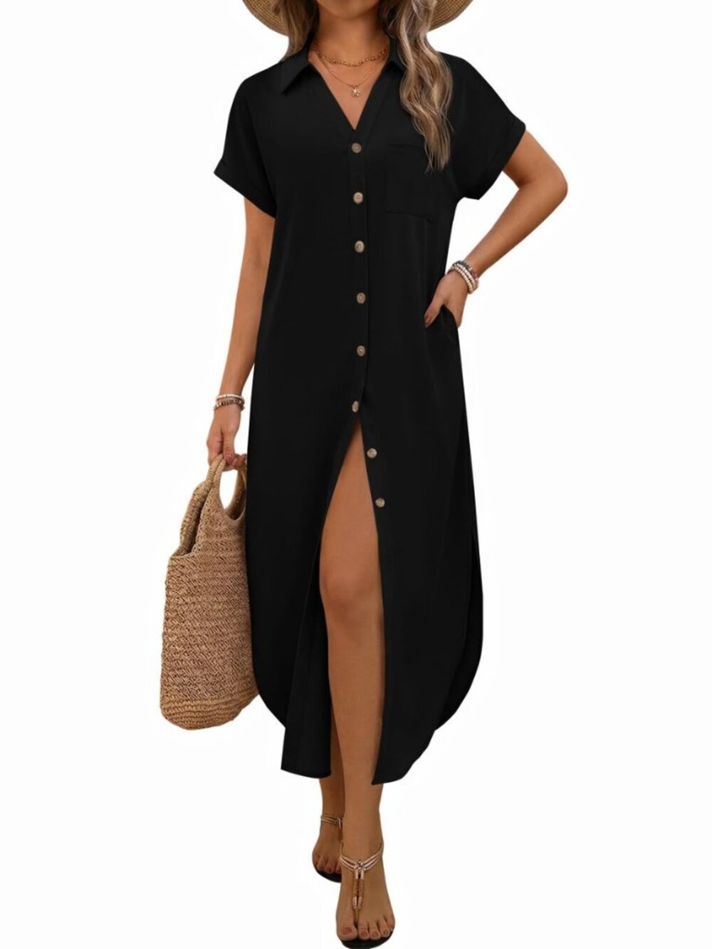Summer Dresses for Women 2026 Casual Short Sleeve Button Down Maxi Dress Beach